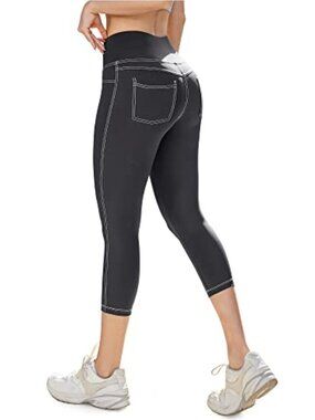 High Waist Jean Look Yoga Leggings Tummy Control Squat Proof with Pockets